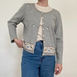 Vintage Liz Claiborne Floral Embroidered Dainty Grey Blue Cardigan Medium Petite